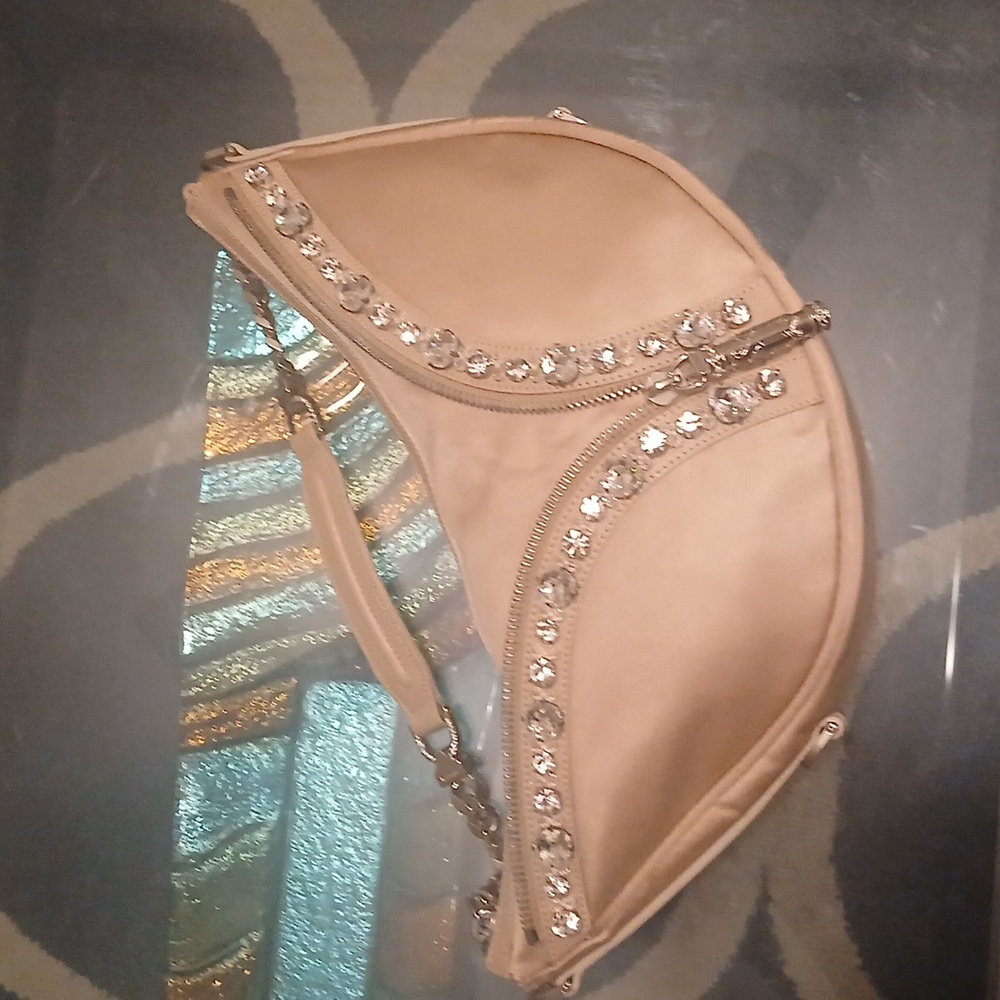 Versace Rare Repeat Hobo Beige Satin Top Handle Bag with Crystral Stones - Picture 6 of 10
